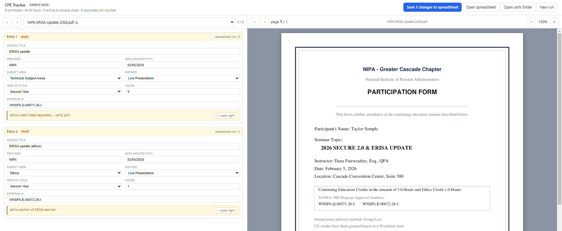 The CPE tracker reviewer showing a sample certificate beside the fields read from it