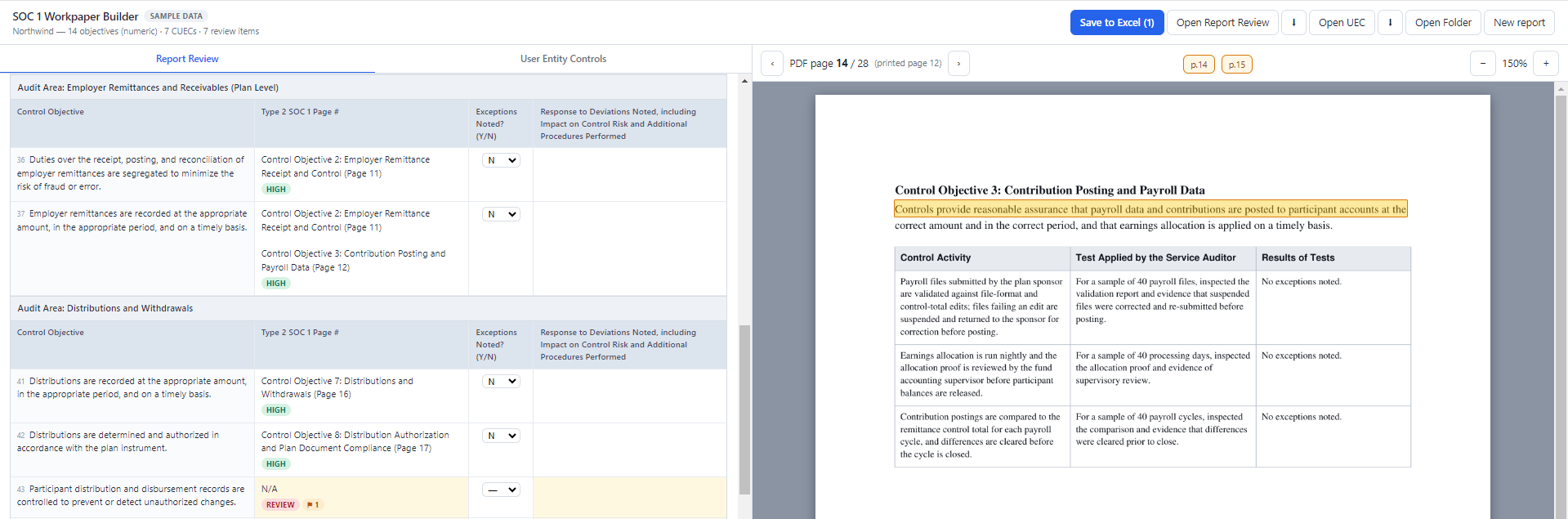 The SOC 1 review tool with a sample report beside the generated workpaper rows